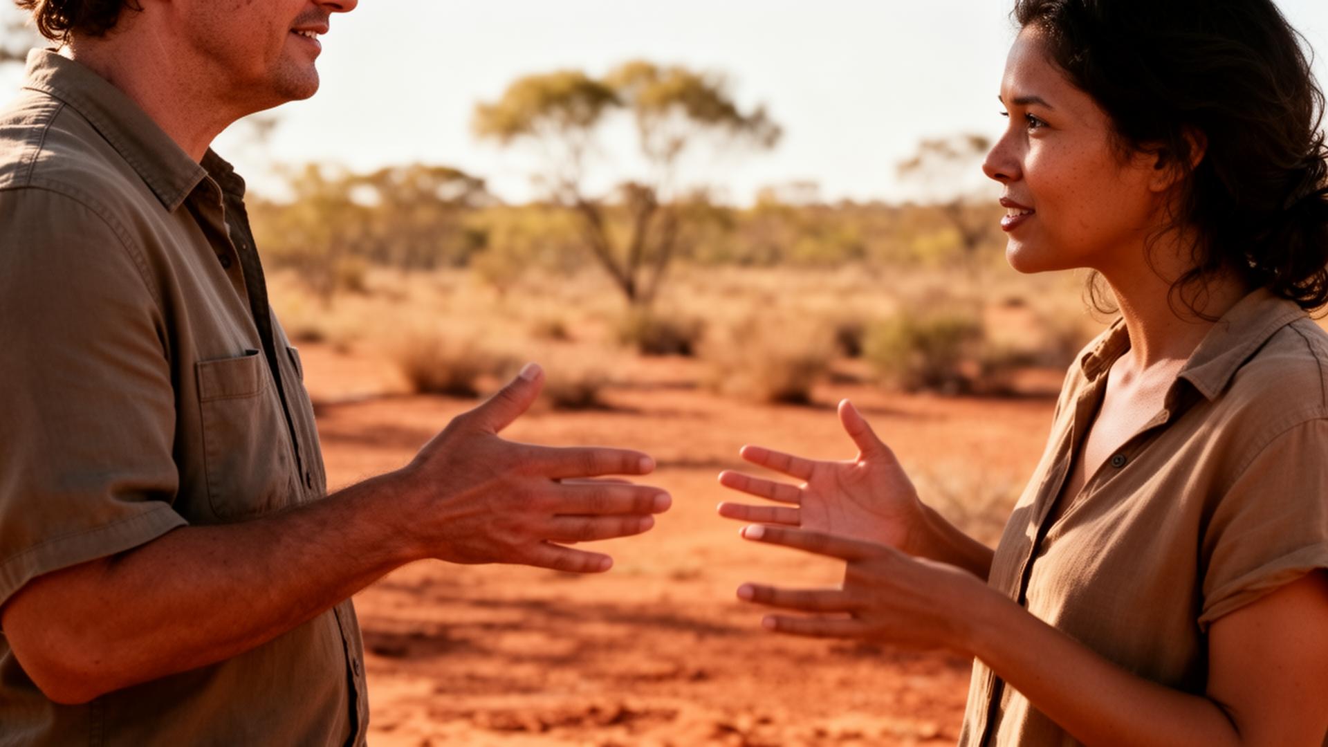 Two people in conversation on country